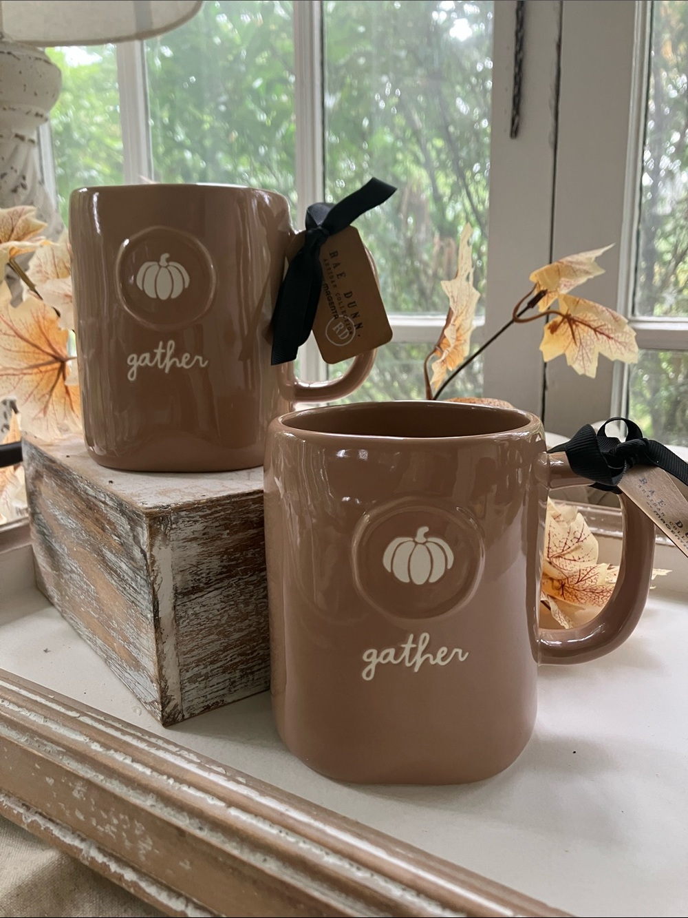 NWT -PAIR (2) RAE DUNN Latte Colored "Gather" Ceramic Mugs